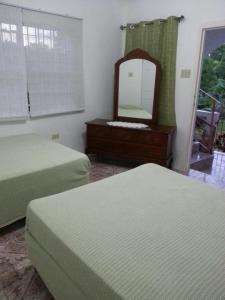 a bedroom with two beds and a mirror and a window at Polish Princess Guest House in Port Antonio