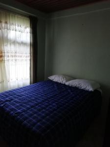 a bed in a bedroom with a blue comforter and a window at Casas de Campo Las Pavitas Cottages "Red Frog" in Palma