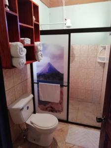 a bathroom with a toilet and a view of a mountain at Casas de Campo Las Pavitas Cottages "Red Frog" in Palma