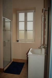 a bathroom with a sink and a glass shower at Les Cimaises du Couvent in Beaune