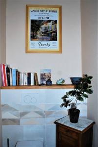 a shelf on a wall with a plant and books at Les Cimaises du Couvent in Beaune