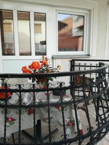 a balcony with a table with flowers on it at Ohrid apartments in Ohrid