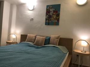 1 dormitorio con 1 cama con 2 lámparas en Révay 6 Apartment, en Budapest