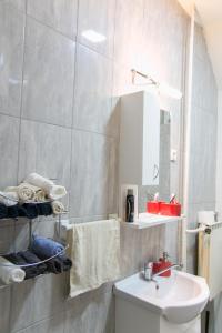 a bathroom with a sink and a toilet and a mirror at Kolev Apartments - Two Bedroom Cozy Central Apartment in Skopje