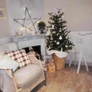 una sala de estar con un árbol de Navidad y una chimenea en Chambre d'hôte équestre Au petit bonheur, en Châteldon