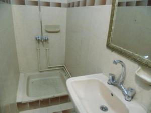 La salle de bains est pourvue d'un lavabo, d'un miroir et d'une douche. dans l'établissement Bob Marley House Sherief Hotel Luxor, à Louxor