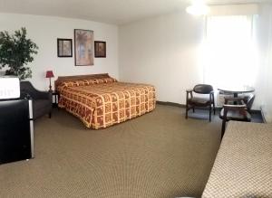 a hotel room with a bed and a television at Amber Inn Motel in Bliss +4 photos