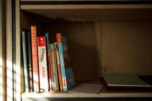 eine Reihe von Büchern auf einem Bücherregal in der Unterkunft B&B La Chambre de Plume in Brüssel