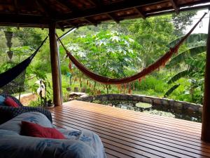 皮雷諾波利斯的住宿－Recanto das Corujas，池塘景甲板上的吊床