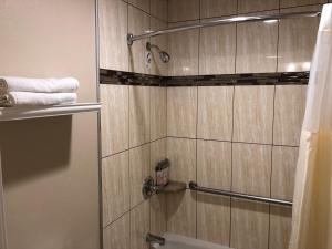 a bathroom with a shower with wooden walls at El Castell Motel in Monterey +20 photos
