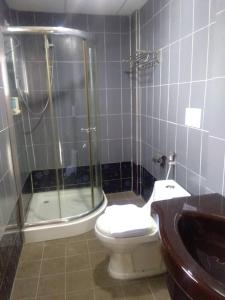 a bathroom with a shower and a toilet and a sink at Hotel Mewah Impiana in Kota Bharu