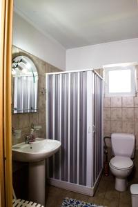 a bathroom with a shower and a sink and a toilet at Guesthouse To tzaki in Konitsa