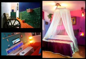 een collage van foto's van een slaapkamer met een hemelbed bij El Desván Escondido in Conil de la Frontera