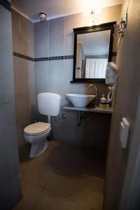 a bathroom with a toilet and a sink and a mirror at Afroessa Hotel by Pearl Hotel Collection in Imerovigli