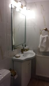 a bathroom with a sink and a mirror and a toilet at NN room near the Athens airport in Spata
