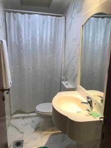 ein Badezimmer mit einem Waschbecken, einem WC und einem Spiegel in der Unterkunft Al Majarah Residence in Schardscha