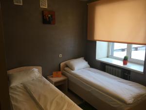 una piccola camera con due letti e una finestra di Hotel Albatros a Perm