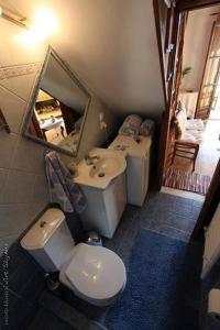 a bathroom with a toilet and a sink and a mirror at Traditional studio in Skiros