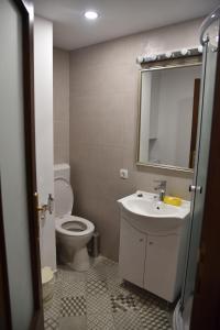 bagno con servizi igienici, lavandino e specchio di Apartamentul Ursilor a Predeal