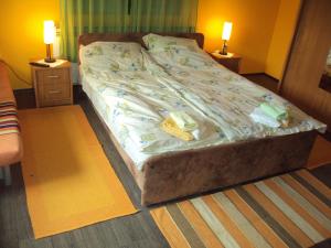 an unmade bed in a bedroom with two lamps at Apartman Rudnik in Vrdnik