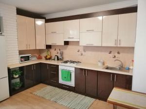 a kitchen with white cabinets and a green towel at вулиця Дрогобицька 10в in Truskavets