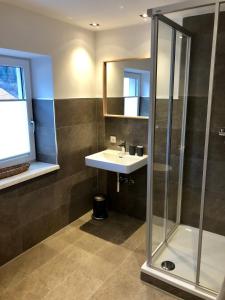 a bathroom with a sink and a shower at Harry´s Appartement in Pettneu am Arlberg