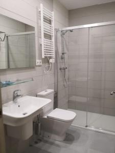 W łazience znajduje się toaleta, umywalka i prysznic. w obiekcie A Torre do Lago w mieście Valdoviño