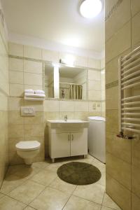 a bathroom with a sink and a toilet and a mirror at Apartamenty Rok in Kołobrzeg