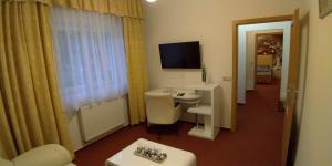 a hotel room with a desk and a television at Hotel Malamut in Nové Hamry
