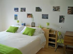 a bedroom with a bed with green pillows and a desk at Chambres d'Hôtes Relais Milord in Estialescq