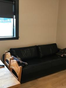 a black couch in a living room with a window at Fell Holiday Home in Arnarstapi