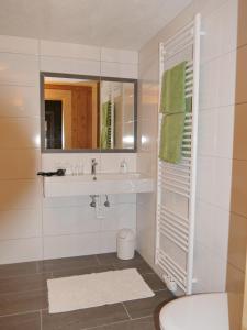 La salle de bains est pourvue d'un lavabo et d'un miroir. dans l'établissement Haus Dilitz-Theiner - Bachblüte, à Nauders