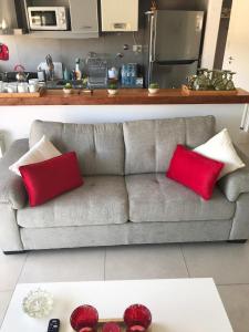 a living room with a couch with two red pillows at Amplio, moderno y luminoso departamento en la mejor zona de Tigre in Tigre