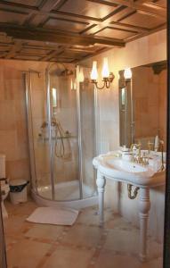 a bathroom with a shower, sink, and toilet at Hotel Medieval in Alba Iulia