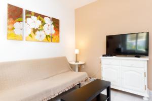a living room with a couch and a flat screen tv at AT Almoraide Rooms Suites in Nerja