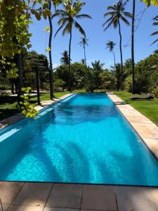 a swimming pool with blue water and palm trees at Villa Lagosta no Abacaxi in Córguinho