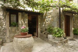 une maison en pierre avec des plantes en pot sur la terrasse couverte dans l'établissement Rooms Sara, à Grožnjan