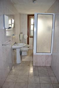 een badkamer met een wastafel, een toilet en een douche bij Residencial Rivoli in Fundão