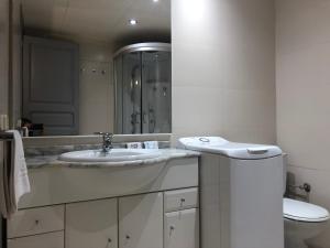 a bathroom with a sink and a toilet and a mirror at Apartament Piteus Centre in Sant Llorenç de Morunys