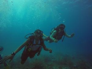 two people in scuba gear swimming in the water at Big V Raizal Home in San Andrés
