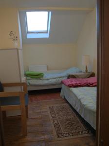 a small room with two beds and a window at Dziki domek in Sierpnica