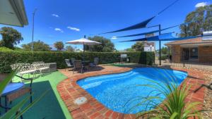 a swimming pool in a yard with chairs and an umbrella at Pevensey Motor Lodge in Echuca