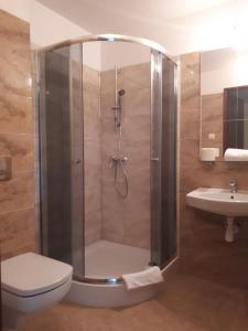 a bathroom with a shower with a toilet and a sink at Noclegi Apro in Gdańsk