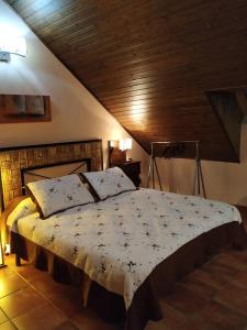 1 dormitorio con 1 cama grande y techo de madera en -4-MEJOR QUE EN CASA, centro historico de Ubeda en Úbeda