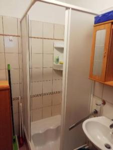 ein kleines Bad mit einer Dusche und einem Waschbecken in der Unterkunft Apartment Marijo in Ist