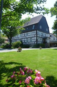 ein großes Gebäude mit einem grünen Hof mit rosa Blumen in der Unterkunft Ferienhof Papiermühle in Hofgeismar