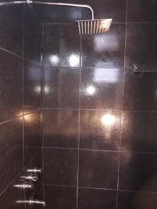 una doccia con parete piastrellata nera e soffione di Santa Rufina a San Isidro