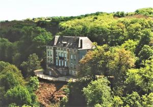 an aerial view of a house in the woods at La Chapelle du Chateau Lagarrigue in Strenquels