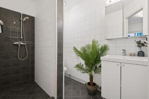 uma casa de banho com um chuveiro, um lavatório e um espelho. em Nordic Host - City Center 2 Bed / 2 Bath - Skippergata - 3 minutes from station em Oslo