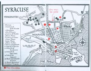 シラクーサにあるLiving in the archeosites - Rental Apartmentsの赤い点が付いた地図